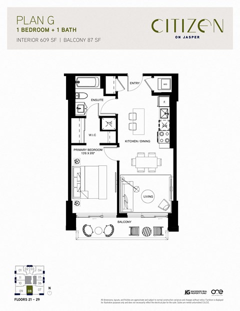 Floor plan for 1 bed, 1 bath, 609 sqft
